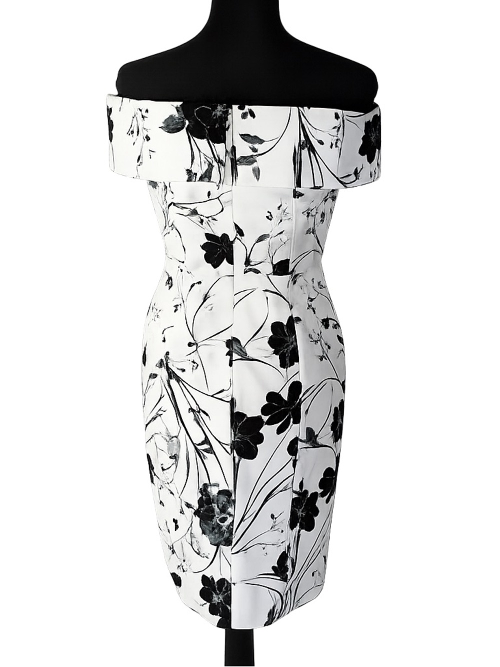 Calvin Klein White Dress with Black Floral Print, off the shoulder NWT